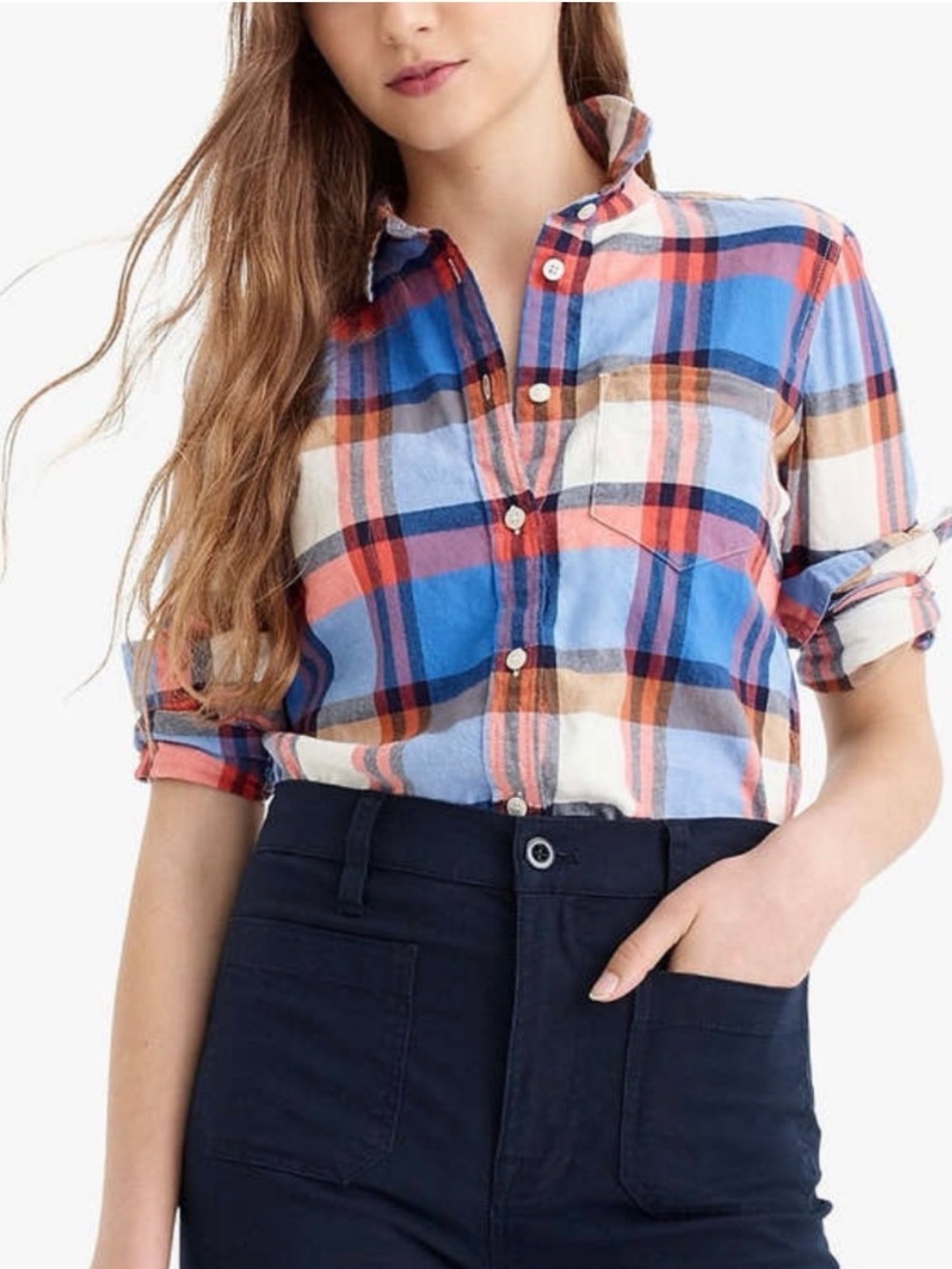 J.Crew Perfect Fit Women’s Plaid Shirt S Blue Orange Classic Fall Cotton
